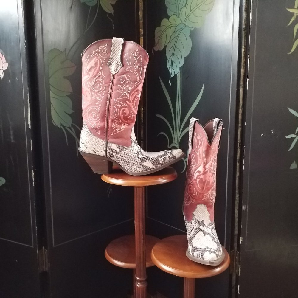 DURANGO Western Red Embroidered Leather Cowboy Boots, Size 7